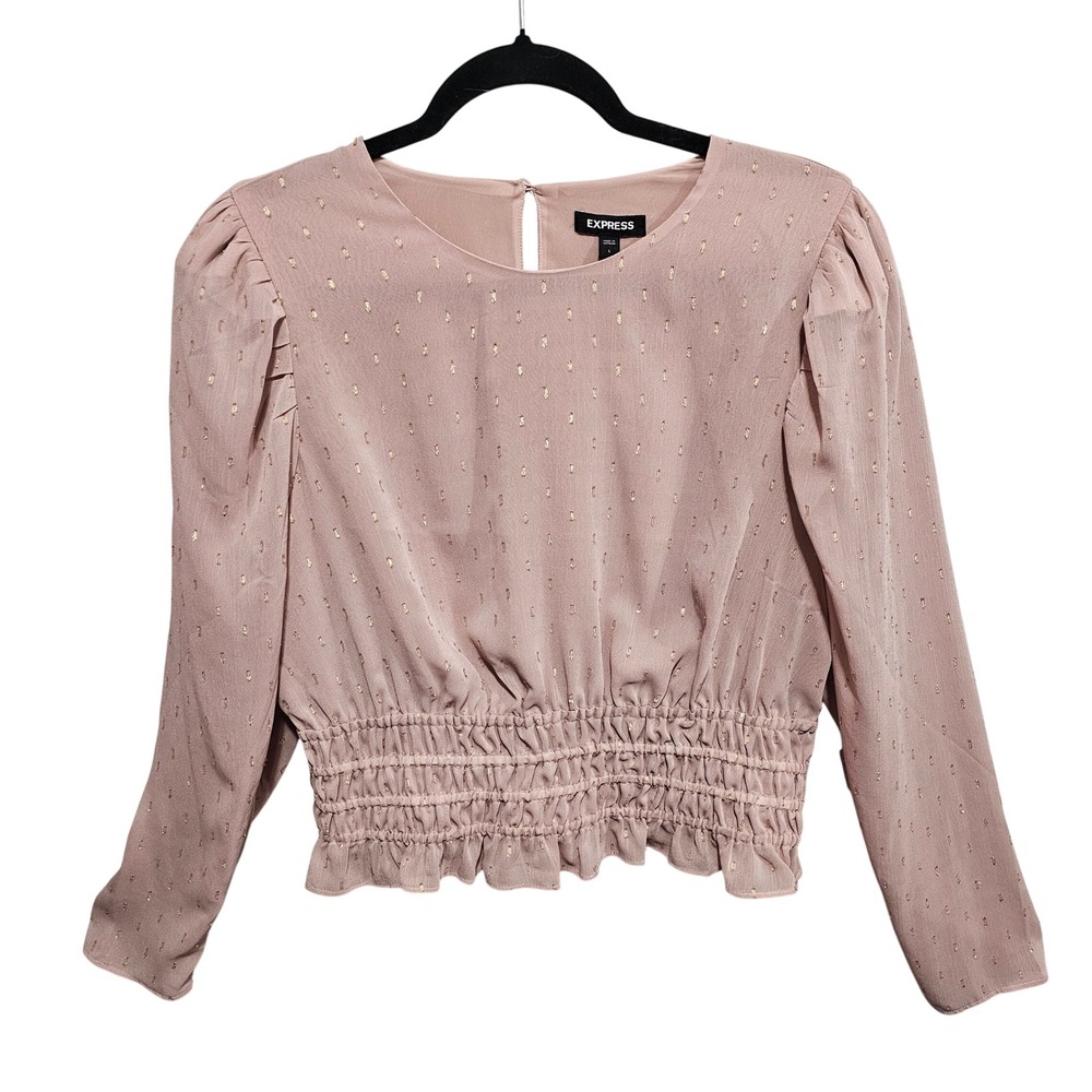 Express Metallic Smocked Waist Long‎ Sleeve Pink Blouse Size Large NWT